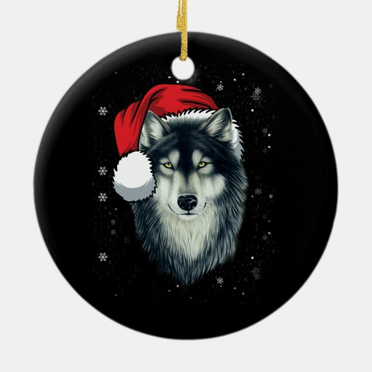 Funny Gray Wolf Weihnachtswolf Weihnachtsmannmütze Keramik Ornament (Hinten)