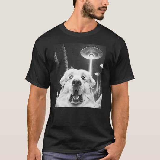 Funny Great Pyrenees Alien UFO Taking a Selfie Dog T-Shirt (Vorderseite)