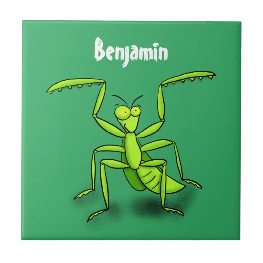 Funny green beten mantis Cartoon Illustration Fliese (Vorderseite)