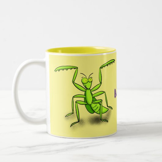 Funny green beten mantis Cartoon Illustration Zweifarbige Tasse (Links)