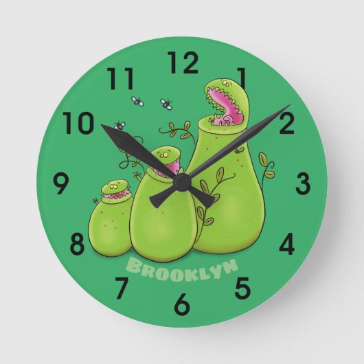 Funny green carnivorous pitcher plants cartoon rou runde wanduhr (Vorderseite)