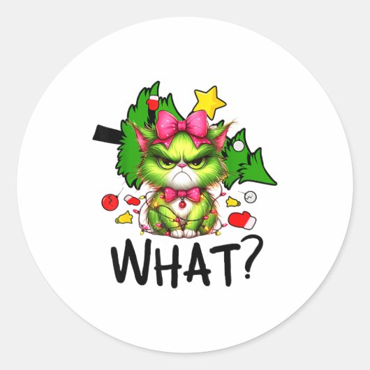 Funny Green Cat Christmas Tree Merry Xmas Humor Ca Runder Aufkleber (Vorderseite)