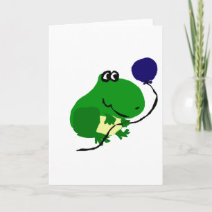 Funny Green Frog Holding Blue Birthday Balloon Karte