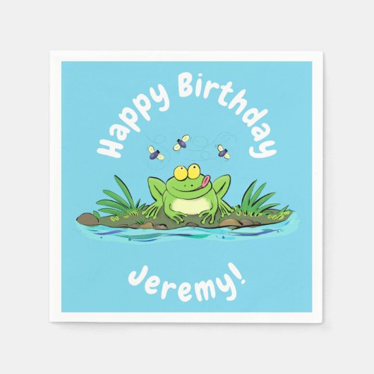 Funny green frog mit Fliegen Cartoon Illustration Serviette (Vorderseite)