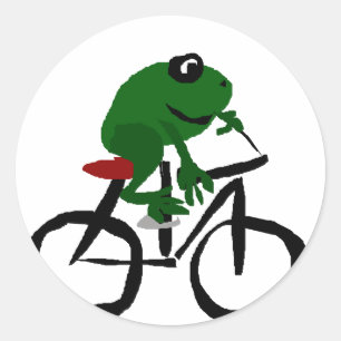 Funny Green Frog Riding Bicycle Runder Aufkleber