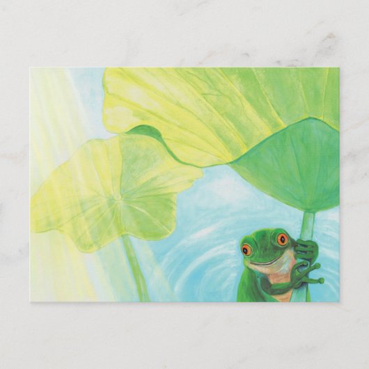 Funny Green Frog under Lily Pad Postkarte (Vorderseite)