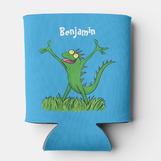 Funny green lächelnd animierte Eidechse Dosenkühler (Rückseite)