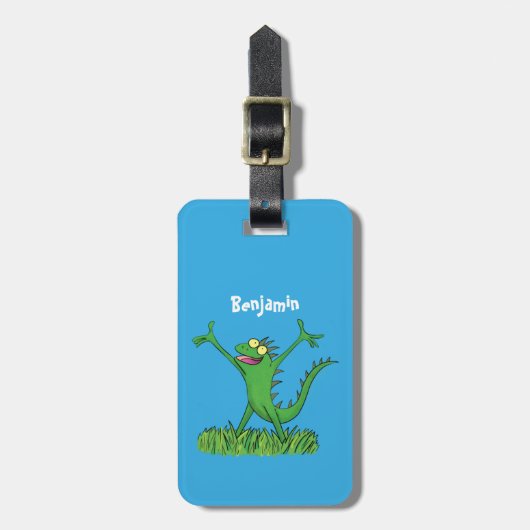 Funny green lächelnd animierte Eidechse Gepäckanhänger (Vorderseite vertikal)