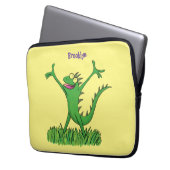 Funny green lächelnd animierte Eidechse Laptopschutzhülle (Vorderseite Links)