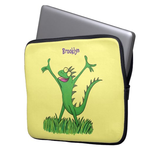 Funny green lächelnd animierte Eidechse Laptopschutzhülle (Vorderseite Links)