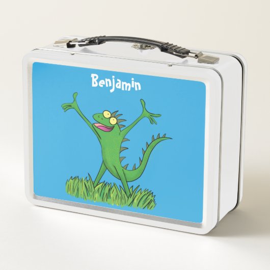 Funny green lächelnd animierte Eidechse Metall Brotdose (Rückseite)