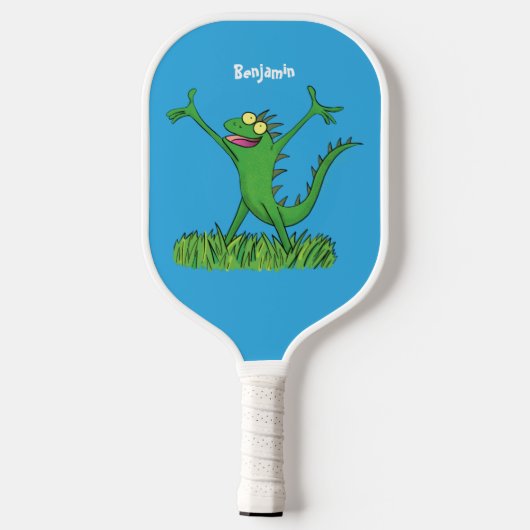 Funny green lächelnd animierte Eidechse Pickleball Schläger (Rückseite)