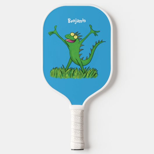Funny green lächelnd animierte Eidechse Pickleball Schläger (Vorderseite)
