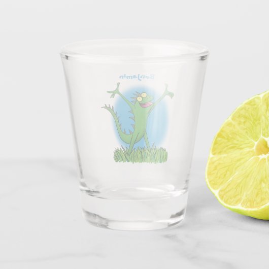 Funny green lächelnd animierte Eidechse Schnapsglas (Rückseite)