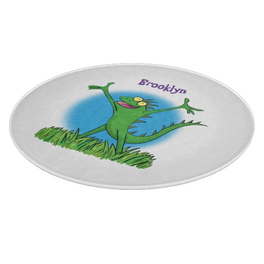 Funny green lächelnd animierte Eidechse Schneidebrett (Ecke)