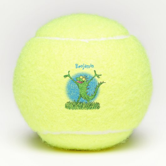 Funny green lächelnd animierte Eidechse Tennisbälle (Vorderseite)