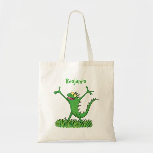 Funny green lächelnd animierte Eidechse Tragetasche (Vorne)