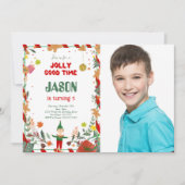Funny Green & Red Elf Birthday Party Foto Einladung (Vorderseite)