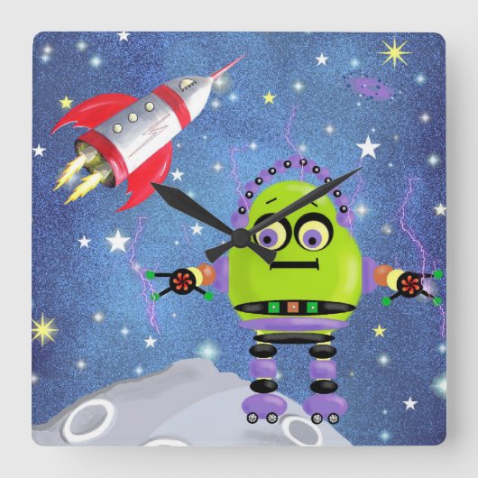 Funny Green Robot Wall Clock Quadratische Wanduhr (Vorderseite)