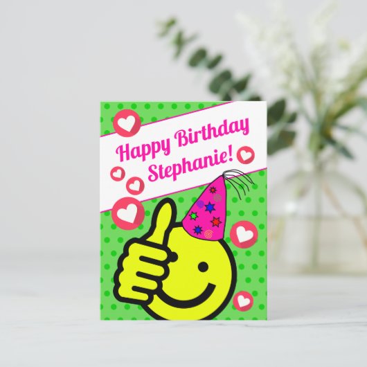 Funny Green Smile Gesicht Ihrem Namen glücklich Ge Postkarte (Stehend Vorderseite)