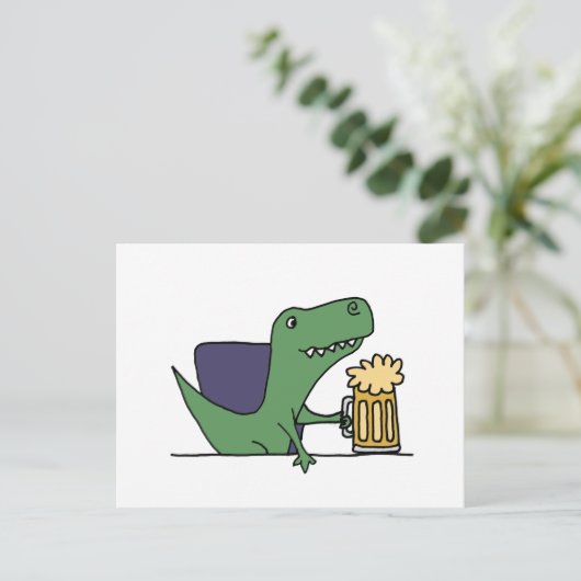 Funny Green T-Rex Dinosaur Drinking Beer Postkarte (Stehend Vorderseite)
