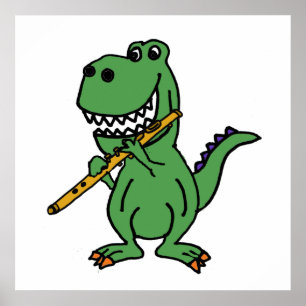 Funny Green T-rex Dinosaur Playing Flute Poster