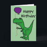 Funny Green Trex Dinosaur Holding Balloon Karte<br><div class="desc">Der wunderschöne,  lustige Trex Dinosaurier mit einem lila Ballon macht ein einzigartiges Kunstgeschenk,  das sich perfekt zum Geburtstag eignet. Kann auch benutzerdefinierten Text hinzufügen und die Hintergrundfarbe bei der Bestellung ändern.</div>