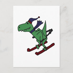 Funny Green Trex Dinosaur Skiing Postkarte