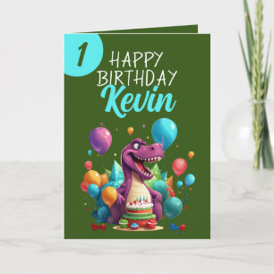 Funny Green und Aquamarin Trex Boy 1. Geburtstag Karte