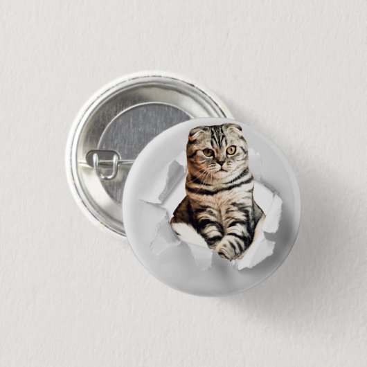 Funny Grey Cat Popping Through Torn Paper Illusion Button (Vorne & Hinten)