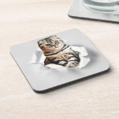 Funny Grey Cat Popping Through Torn Paper Illusion Getränkeuntersetzer (Linke Seite)