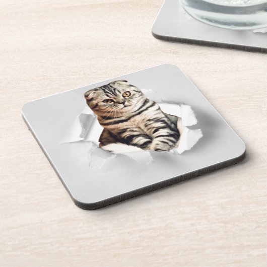 Funny Grey Cat Popping Through Torn Paper Illusion Getränkeuntersetzer (Linke Seite)