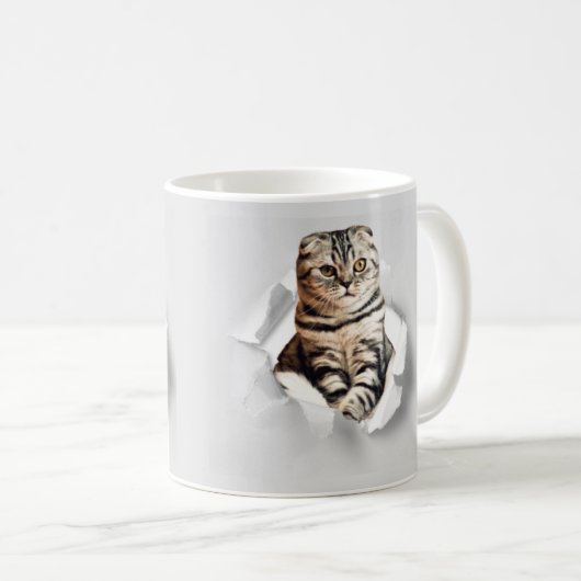 Funny Grey Cat Popping Through Torn Paper Illusion Kaffeetasse (VorderseiteRechts)