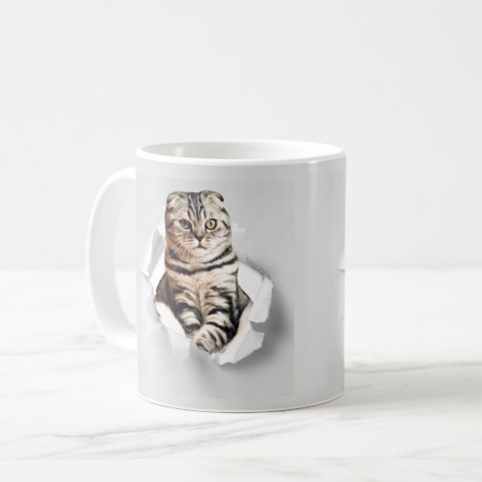 Funny Grey Cat Popping Through Torn Paper Illusion Kaffeetasse (Vorderseite Links)