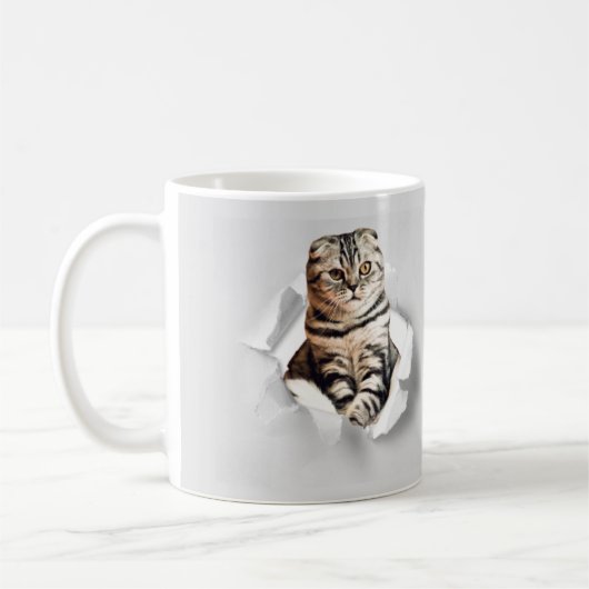 Funny Grey Cat Popping Through Torn Paper Illusion Kaffeetasse (Links)