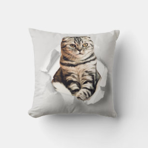 Funny Grey Cat Popping Through Torn Paper Illusion Kissen