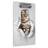 Funny Grey Cat Popping Through Torn Paper Illusion Klemmbrett (Rechts)