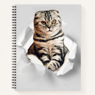 Funny Grey Cat Popping Through Torn Paper Illusion Notizblock
