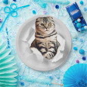 Funny Grey Cat Popping Through Torn Paper Illusion Pappteller (Party)