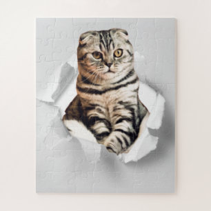 Funny Grey Cat Popping Through Torn Paper Illusion Puzzle