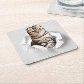Funny Grey Cat Popping Through Torn Paper Illusion Rechteckiger Pappuntersetzer (angewinkelt)
