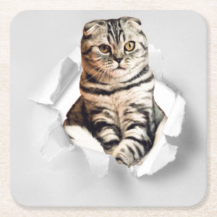 Funny Grey Cat Popping Through Torn Paper Illusion Rechteckiger Pappuntersetzer