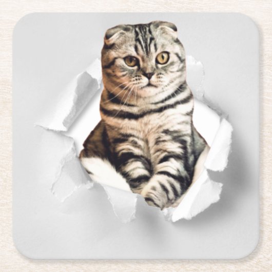 Funny Grey Cat Popping Through Torn Paper Illusion Rechteckiger Pappuntersetzer (Vorderseite)