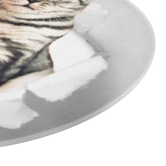 Funny Grey Cat Popping Through Torn Paper Illusion Schneidebrett (Ecke)