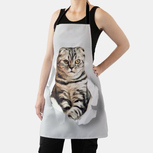 Funny Grey Cat Popping Through Torn Paper Illusion Schürze (InSitu)