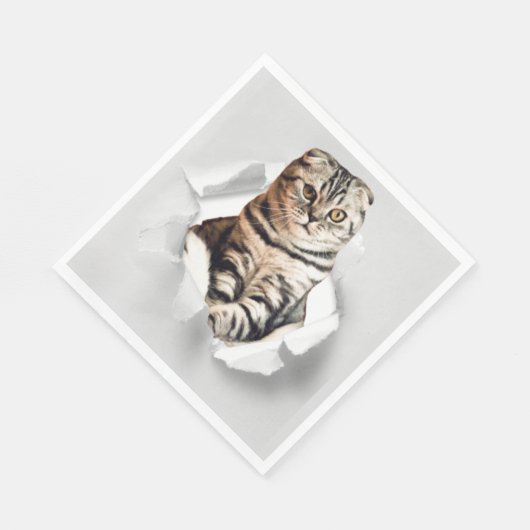Funny Grey Cat Popping Through Torn Paper Illusion Serviette (Ecke)