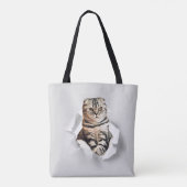 Funny Grey Cat Popping Through Torn Paper Illusion Tasche (Rückseite)