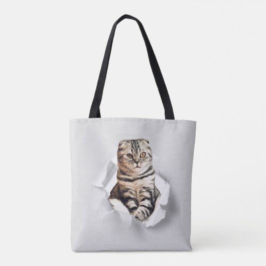 Funny Grey Cat Popping Through Torn Paper Illusion Tasche (Rückseite)