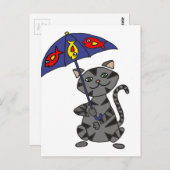 Funny Grey Tabby Cat Holding Umbrella Postkarte (Vorne/Hinten)