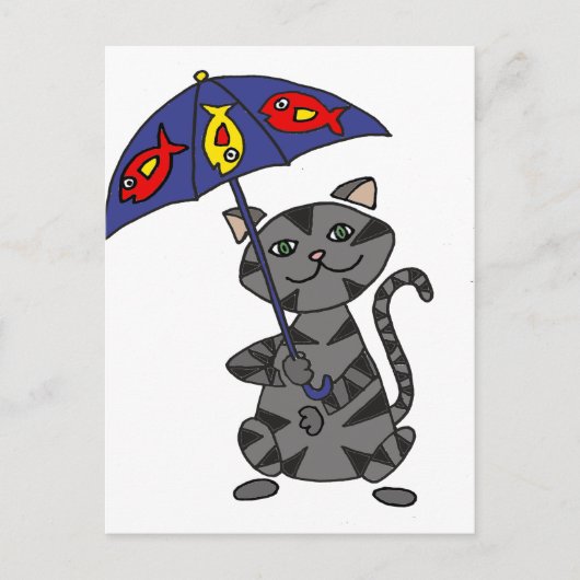 Funny Grey Tabby Cat Holding Umbrella Postkarte (Vorderseite)